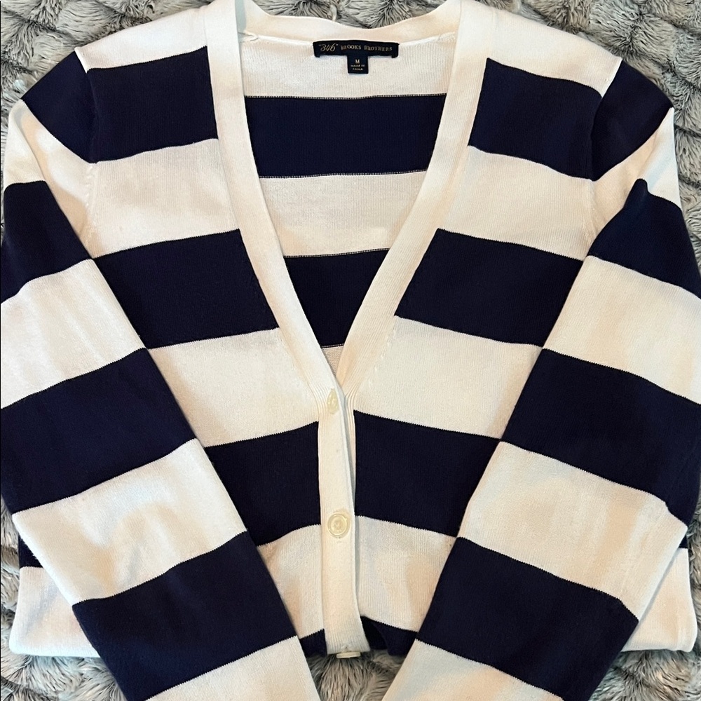 Used Brooks Brothers Navy and White Striped V‑Neck Cardigan  Size Medium